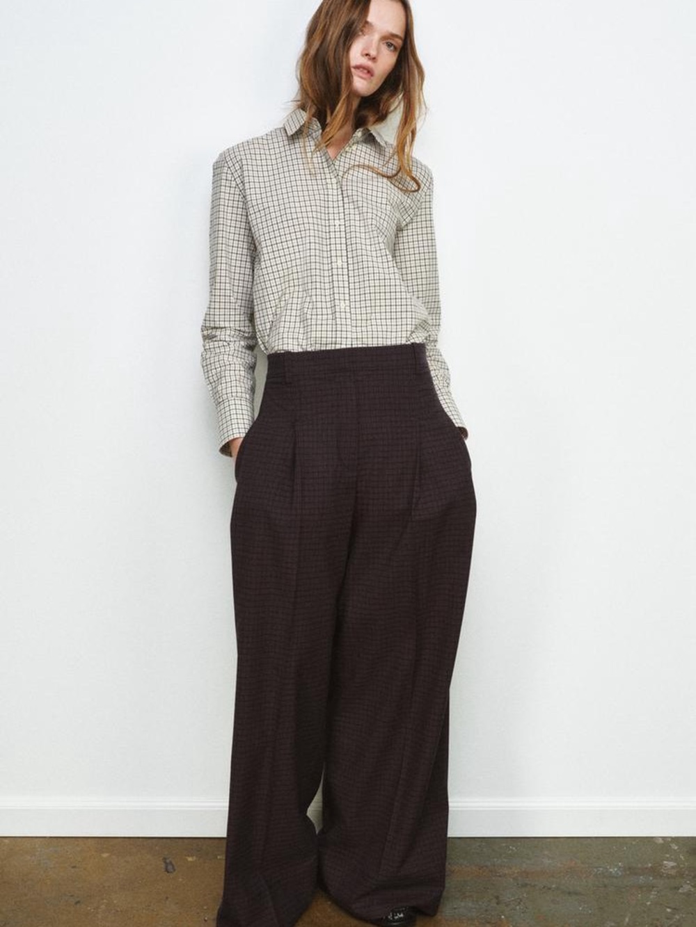 ZARA Wide-Leg High-Waist Trousers in Dark Brown, size L
